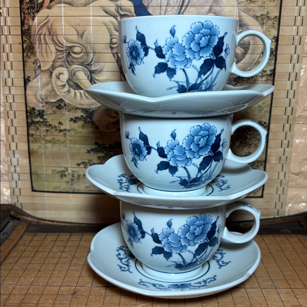 Noritake Cup Saucer Set of 3 Versatone Orient Sometsuke B352W17 Japan - Picture 11 of 13